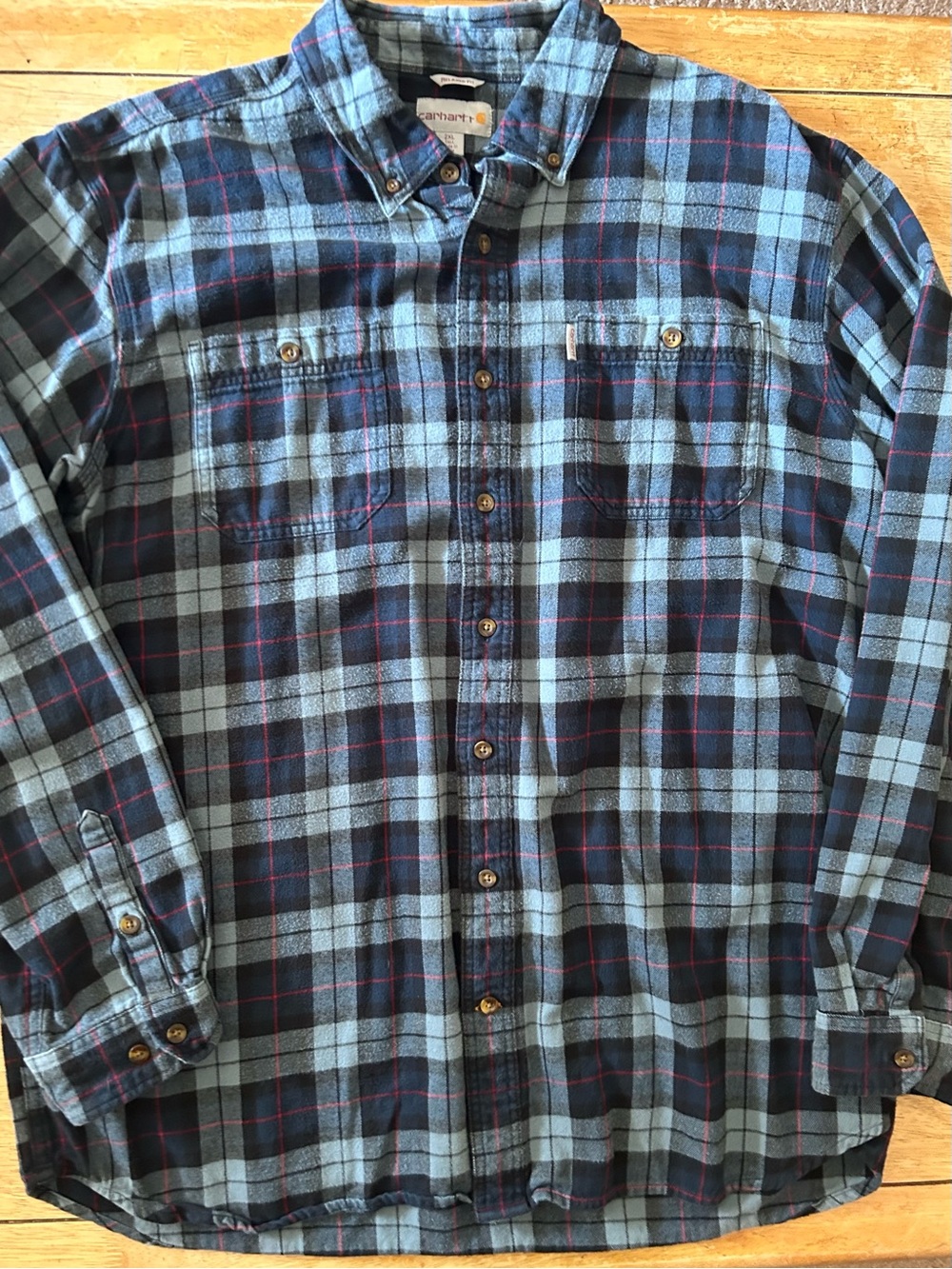 Carhartt Men's Navy and Light Blue Plaid Button-Down Shirt